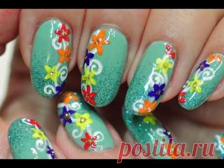 Nail Art. Summer Nails. Colorful Flowers. Nail Polish Color Aquamarine.