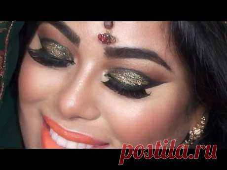 INDIAN BRIDAL MAKEUP TUTORIAL - GREEN and GOLD GLITTER EYES - YouTube