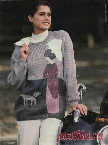 Дама с собачкой - мода 90-х. Изысканный и стильный винтажный пуловер спицами из журнала "Верена" №1 за 1992г. &nbsp;Описания на русском языке нет, но главное - есть схема.