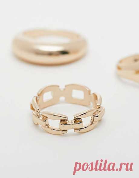 River Island 3 pack pave signet and chain ring in gold | ASOS