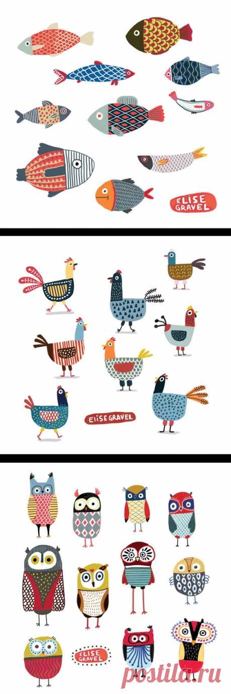 Elise Gravel illustration • fish • hens • chickens • owls • birds • drawing • cute • fun • art • animals • pattern • colorful | Doodles &amp; Kawaii