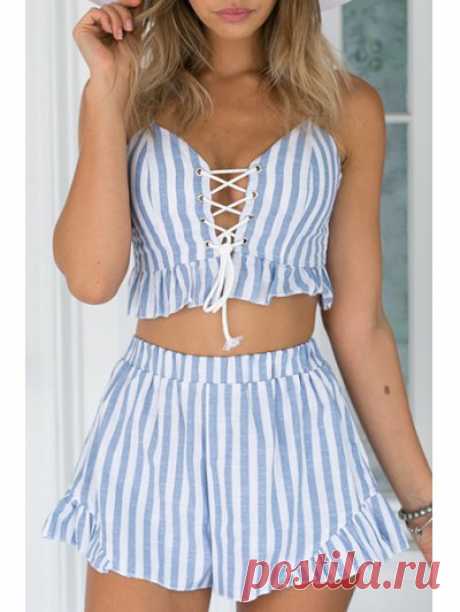 Striped Cami Crop Top And Wide Leg Shorts Suit LIGHT BLUE: Two-Piece Outfits XL | ZAFUL
