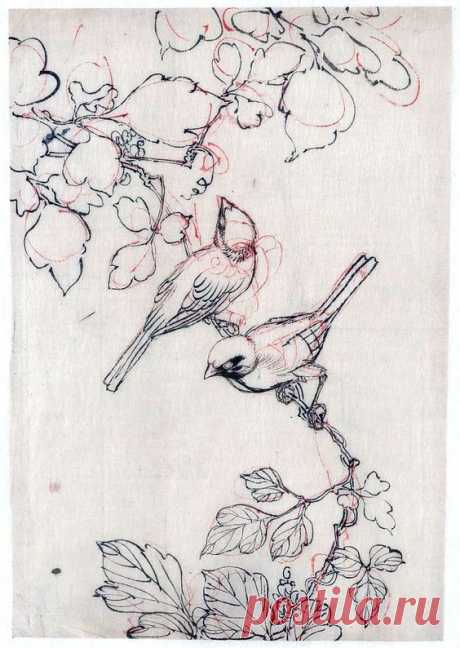 Birds on a branch, Japanese brush drawing via vintageprintable.com | Tattoo Love