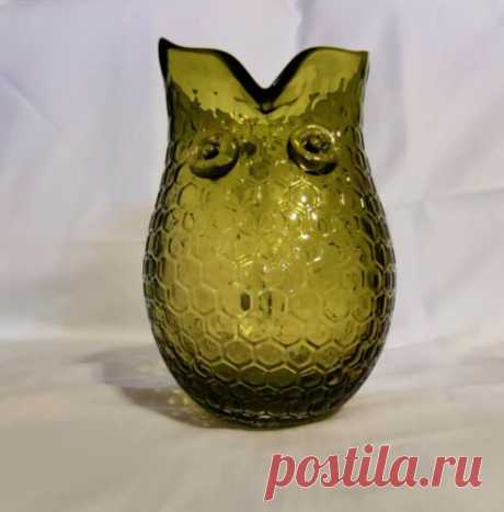 Mid Century Modern Hand Blown Green Art Glass Owl Honey Comb Pitcher | eBay