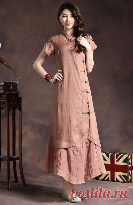 Maxi Linen Dress in Pink / Layered Bridesmaid Dress / Cocktail Dress/Asymmetric…