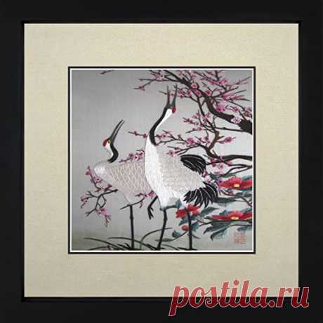 Amazon.com: King Silk Art 100% Handmade Embroidery Framed Red Crowned Japanese Cranes & Cherry Blossoms Oriental Wall Hanging Art Asian Decoration Tapestry Artwork Picture Gifts 31074WFB2: Posters & Prints