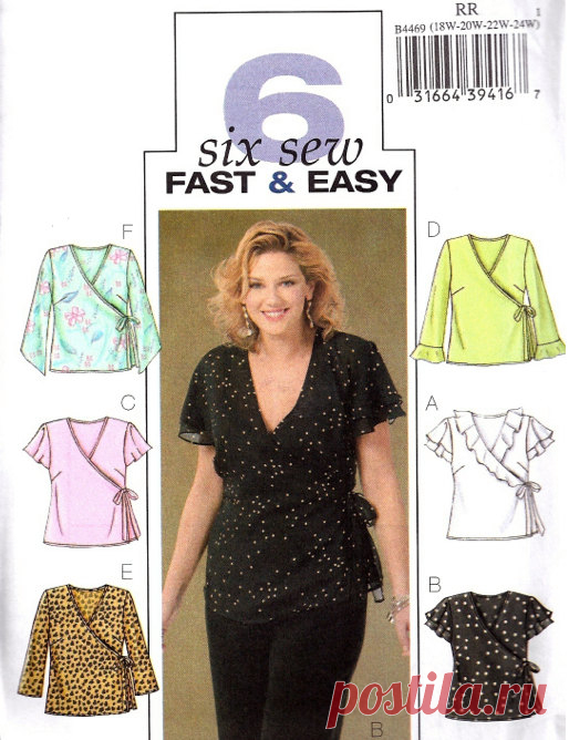 PLUS SIZE TOPS Sewing Pattern -  Easy Women's Wrap Top 18w-24w Uncut sewing pattern includes instructions and paper pattern pieces to make womens pretty front wrap tops with neckline and sleeve variations in sizes 18W to 24W (40-46 bust; 33-39 waist; 42-48 hips). This would be sew pretty with a lace top camisole, dont you think? I have HUNDREDS of new, out-of-print and vintage patterns, so be sure to visit often to see whats new. Visit my APRONS & CLOTHING and other sectio...