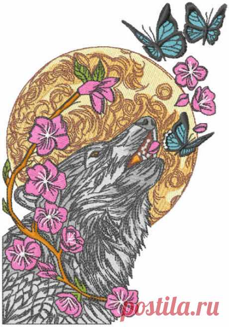 Wolf and butterflies embroidery design Sizes: 97 × 139 mm, 104 × 149 mm, 111 × 159 mm, 118 × 169 mm, 125 × 179 mm. Formats: Bernina(art, exp), Brother(pec, pes, phc), Janome(jef, jef+), Melco(exp), Husqvarna/PFAFF(vip, vp3),  Tajima/Barudan(dst, dsb), Husqvarna(hus, shv), Singer(xxx).