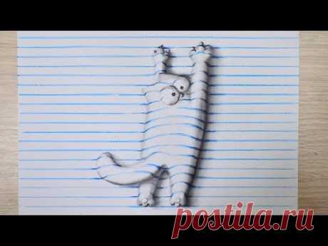 Как рисовать кота Саймона 3д рисунок на бумаге / How to draw Simon's cat 3D drawing on lined paper