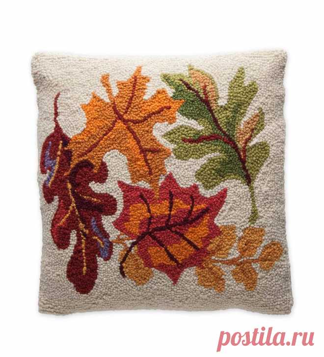 Hand-Hooked Wool Fall Simple Leaves Pillow 16" | All-Natural | Our Values | VivaTerra Characteristically fall and classically stylish, each of these hand-hooked pillows features a charming seasonal scene. The VivaTerra exclusive designs are rendered in cozy 100% hooked-wool and finished with a cream cotton back. Every pillow includes a natural down feather filled insert for a plush look and soft feel, and the cover zips open and closed for easy removal if needed. P...