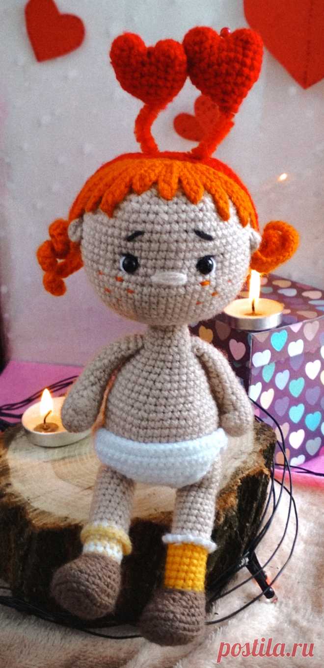 PDF Девочка Валентинка крючком. FREE crochet pattern; Аmigurumi doll patterns. Амигуруми схемы и описания на русском. Вязаные игрушки и поделки своими руками #amimore - кукла, куколка, 14 февраля, день Святого Валентина, день всех влюблённых.