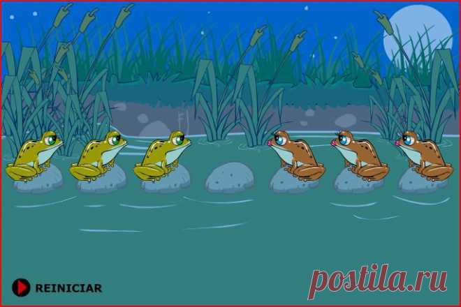 Логическая головоломка на смекалку: Расставь лягушек --- Задача: Поменять лягушек местами, коричневых - налево, зеленых - направо. Лягушки прыгают только вперед - на следующую кочку или через одну кочку в зависимости от наличия свободных