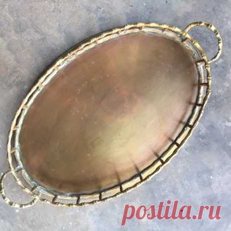 Brass Oval Tray - Bamboo Design - 12" Serving Tray - Vanity Tray - Cocktail Tray - Coastal Bohemian - Made in India Add a beautiful vintage accent to any room or event with this 12 oval brass tray with handles and bamboo boarder. Can be use for serving food or drinks, great display piece on coffee table or end table, perfect for a vanity or bedside table or a nice addition to an entry table to