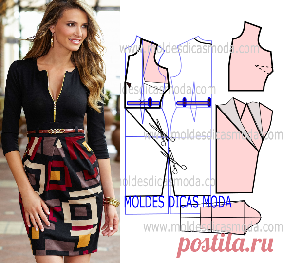 VESTIDO COM SAIA ESTAMPADA - Moldes Moda por Medida Analise o desenho da  transformação do molde de vestido com saia estampada | шитье | Постила