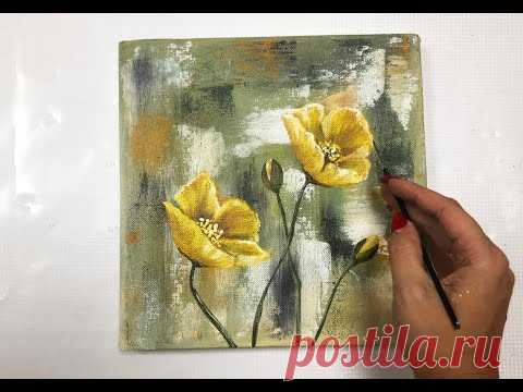 How to draw easy flowers painting / Demonstration /Acrylic Technique on canvas by Julia Kotenko