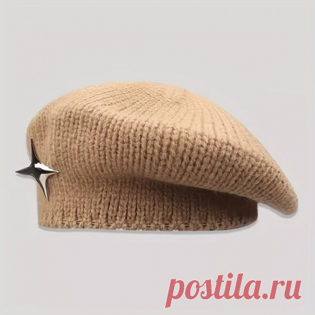 Elegant Knitted Beret Hats Warm Painter Hat With Star Decor, Elastic Coldproof Solid Color Berets For Women Autumn & Winter