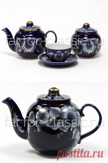 Сервиз чайный Гжель, форма Янтарь, рисунок Тюльпан, 14 предметов на 6 персон - Классика фарфора