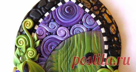 Green Fairy Door in Purple Swirl, Miniature Pixie Portal, Home and Garden Decor, Daydreaming Polymer Clay Door, Tooth Fairy Door