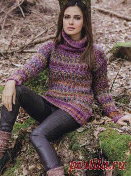 Вязание крючком и спицами - Разноцветный свитер узором из спущенных петель
