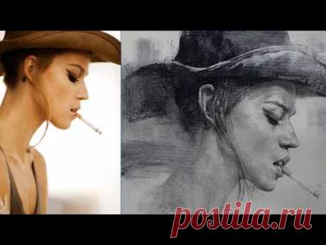 Drawing cowgirl portrait with charcoal graphite
