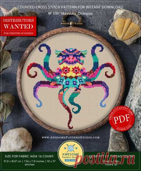 Mandala Octopus #P590 Cross Stitch Embroidery Pattern Download | Cross Stitch Kits | Cross Stitch Designs | Cross Stitch Embroidery ♥ #590 MANDALA OCTOPUS DIGITAL PDF DOWNLOAD ♥  Thank you for your interest in my PDF pattern!  ♥ PATTERN SPECIFICATION FOR DIFFERENT TYPES OF FABRIC ♥ You can use it with any colors and counts AIDA fabric. Palette: DMC. Colors: 25. - 14 count -&gt; Size: 21.95 x 21.23 cm | 8.64 x