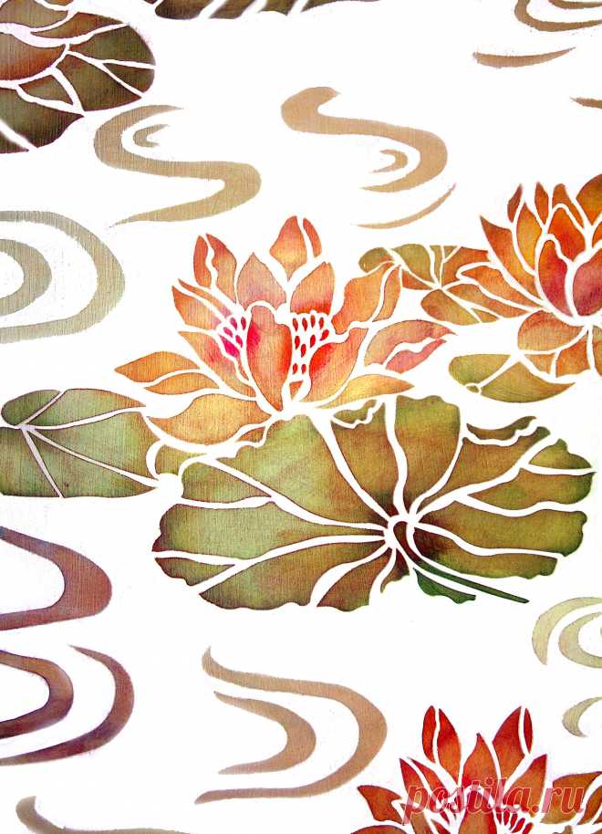 Water Lilies Stencil - Henny Donovan Motif 3 elegant lotus flower water lily motifs
3 sheet stencil
The beautiful Water Lilies Stencil is a three sheet theme pack of one layer waterlily flower stencil motifs. Create restful murals or modern oriental wallpaper effects with the elegant lilies and lily pads in this large Water Lilies stencil theme pack. The lily motifs are designed to be used singly or arranged in groups, as in the illustrations here. Use on walls and fabrics...
