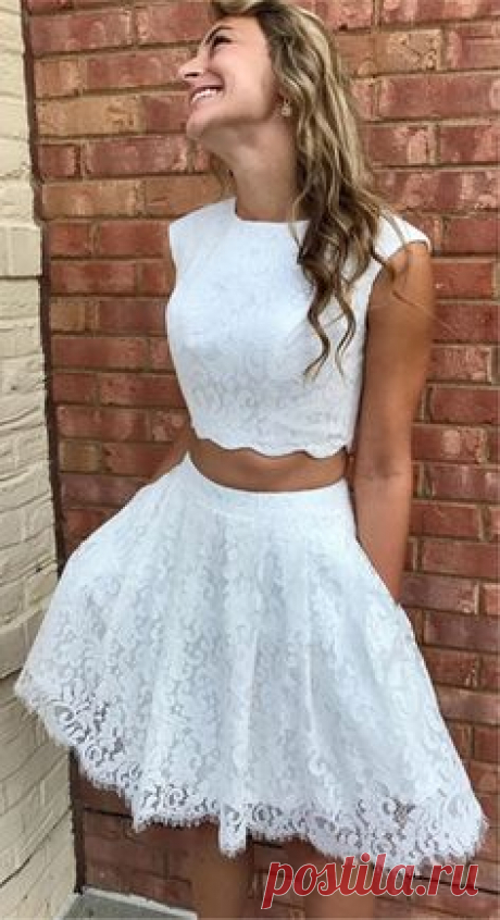 two piece white lace short homecoming dresses, semi formal dress for teens,cheap a line graduation party dress for 8th grade