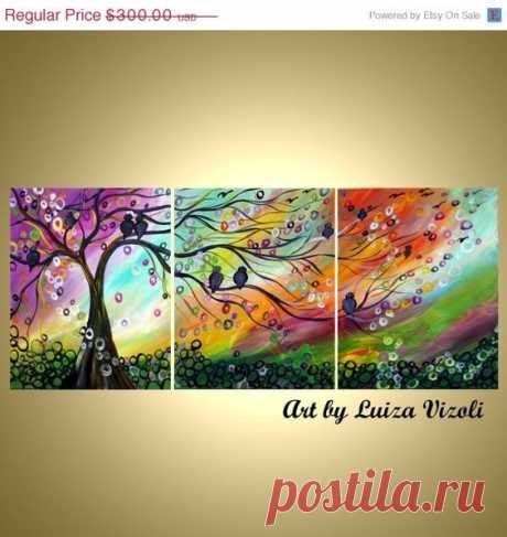 Items similar to SPRING Birds and Music Original Modern Abstract Fantasy Whimsical Landscape Painting Triptych Artwork by Luiza Vizoli on Etsy