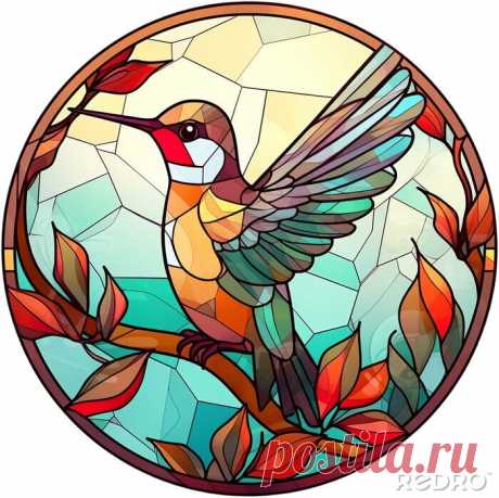 Round stained-glass illustration of a hummingbird in a stained-glass/mosaic - Naklejki - Redro Round stained-glass illustration of a hummingbird in a stained-glass/mosaic na obrazach Redro. Najlepszej jakości naklejki, fototapety, obrazy, plakaty, poduszki, tapety. Chcesz ozdobić swój dom? Tylko z Redro