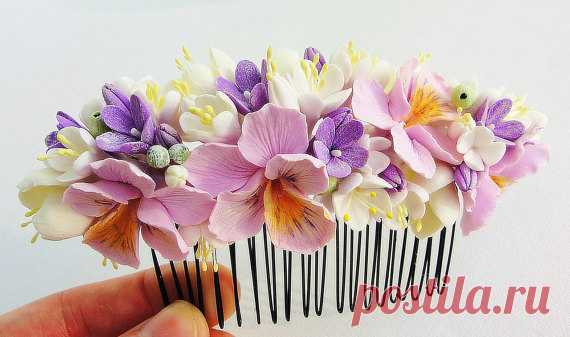 rustic wedding, woodland wedding, flower hair comb, wedding headpiece, wedding accessories, wedding flower, Floral Head Piece Pansies This bridal comb is so authentic looking (and even feeling) that you would never know its not real. The delicate floral design of this couture designer wedding headpiece is sweet, whimsical and romantic. Each flowers and details is handcrafted. Made by me completely by hand from air dry clay, which is non-toxic, soft and flexible. Perfect fo...