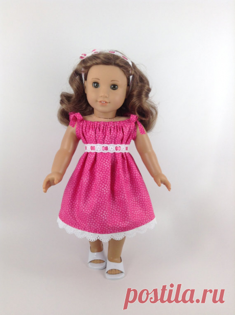 American Girl 18-inch Doll Clothes - Drawstring Dress in Bright Pink & Hair Band Handmade dress and hair band for American Girl, Journey Girl, Madame Alexander, Our Generation, and other 18-inch dolls. This two-toned bright pink sundress, trimmed with scalloped eyelet at the dress bottom, is made of cotton. Fabric drawstrings, which tie into bows at the shoulders give the dress a gathered appearance at the neckline, both front and back. (To give the gathers a nicer, more e...