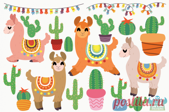 Llamas and Cacti Clipart, Instant Download Vector Art, Commercial Use By Lime and Kiwi Designs | TheHungryJPEG.com