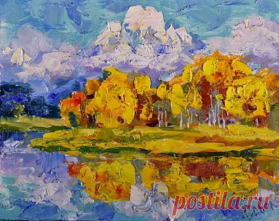 Grand Teton National Park Autumn landscape Wyoming Lake and | Etsy HAND ORIGINAL painted oil impasto painting by Natalia Savenkova.  *Title: Grand Teton National Park *Painter: Natalya Savenkova *Size approximately: 8 x 10 inches (20 x 25 cm). *Medium: panel, oil paints. *Style: Modern, Impressionist, Impasto. Need a decorative frame.  Small beautiful painting for