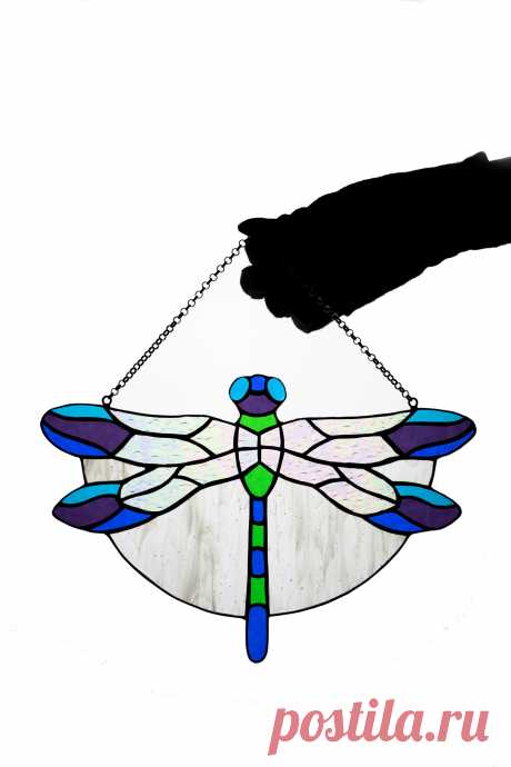 Stained glass suncatcher Dragonfly window hanging Stained-glass home M Window hanging suncatcher made of stained glass pieces by my own disign.Handmade using Tiffany copper foil technique.Looks amazing in the sunlight.You will get it completely ready for installation. It comes with a self-adhesive hook and copper chain.I can change the colors you like to your custom request.It will be a g