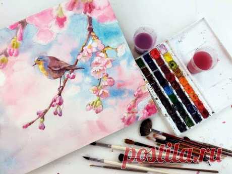 Мастер-класс по акварели «Зарянка на цветущей вишне» | Как нарисовать птичку на ветке