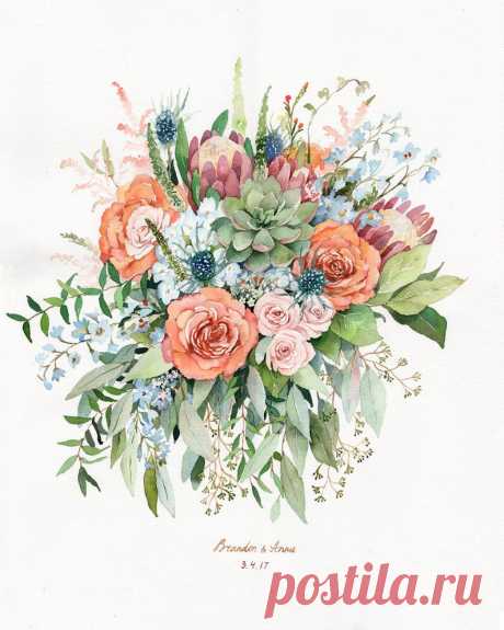 ORIGINAL Custom Wedding Bouquet Painting in Watercolor Bridal | Etsy
