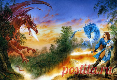 драконы, красный, арт, фэнтези, девушка, луис ройо, дракон, синий, HD обои | Пиккс