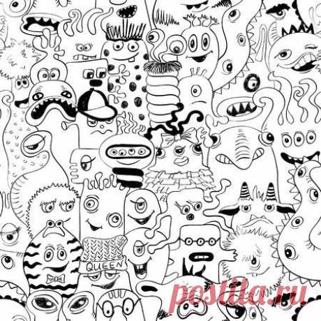 Black and white psychedelic seamless pattern with sketch funny monsters. Abstract graphic background. 123RF - Миллионы стоковых фото, векторов, видео и музыки для Ваших проектов.