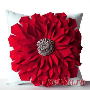 Felt Flower Pillow Cover -Red Gray White from AmoreBeaute on Etsy