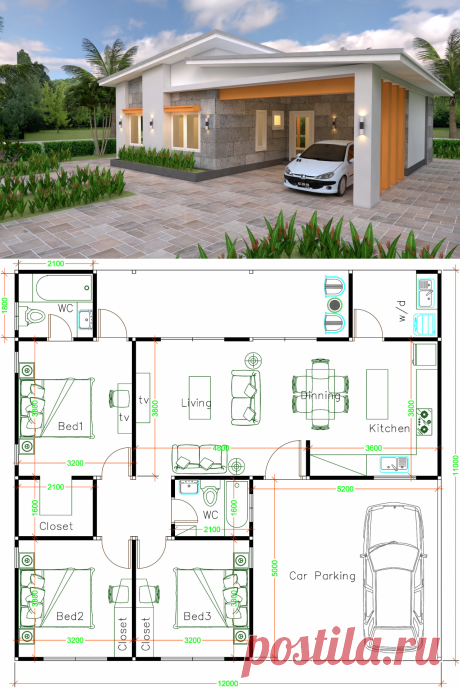 House Plans 12x11 with 3 Bedrooms Shed Roof - House Plans 3D