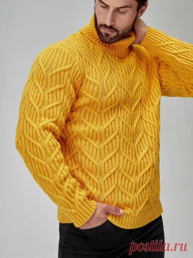 Яркий мужской свитер с рельефным узором на фоне резинки 2 х 2
