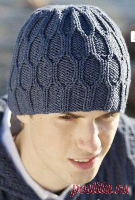 Мужская зимняя шапка спицами с узором Соты | Вязание Шапок Спицами и Крючком