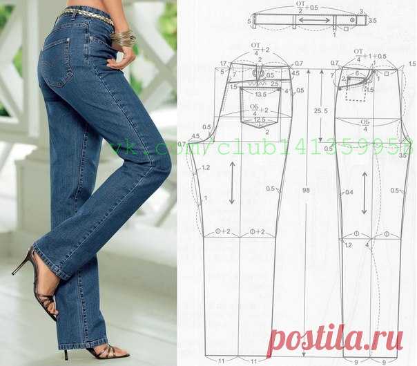 Классические женские прямые джинсы с высокой посадкой - выкройка.