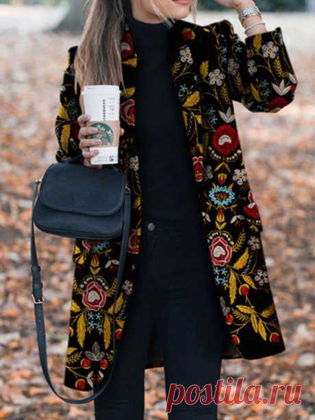 Women Winter Coats Black Turndown Collar Long Sleeve Flowers Embroidered Coat Women Winter Coats Black Turndown Collar Long Sleeve Flowers Embroidered Coat is the trendy style perfectly for the current season