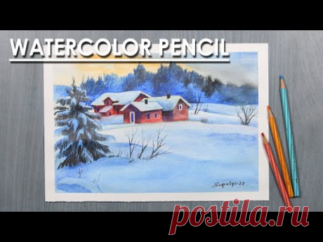 Watercolor Pencil Snowy Winter Landscape Painting | step by step