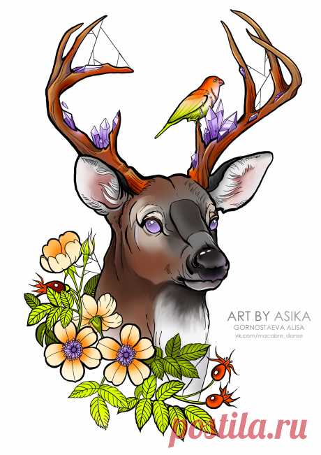 Tattoo flash design. Deer, neotrad.