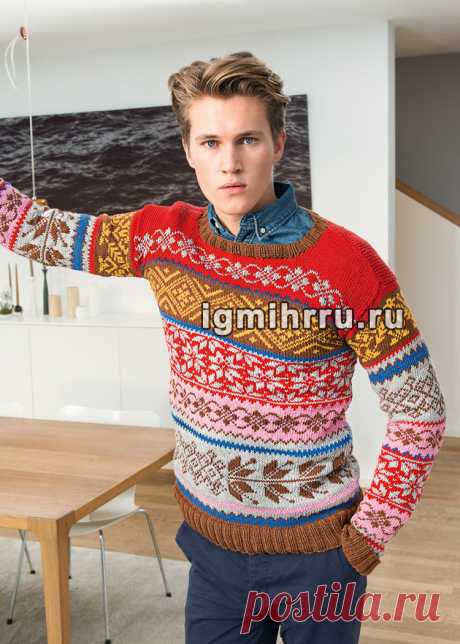 Мужской шерстяной пуловер с миксом жаккардовых узоров. Вязание спицами для мужчин
