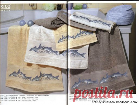 Дельфины на банном полотенце. Вышивка крестиком.