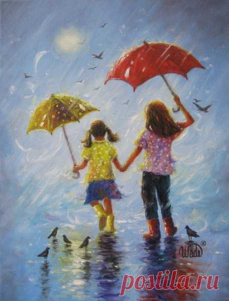 Rain Sisters art print two sisters girls room by VickieWadeFineArt