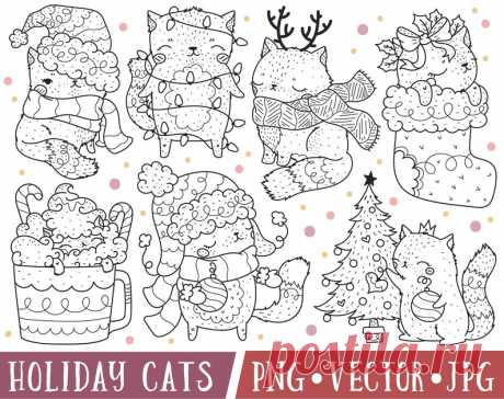 Imágenes prediseñadas de gato de Navidad, Clipart de vacaciones de gato lindo, Sellos digitales de gato de Navidad, Clipart de gato dibujado a mano, Clipart dibujado a mano, Línea PNG - Etsy Chile